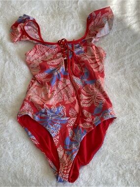 Red Carter Lace-Up Ruffle Off-the-Shoulder One-Piece Swimsuit Size Small